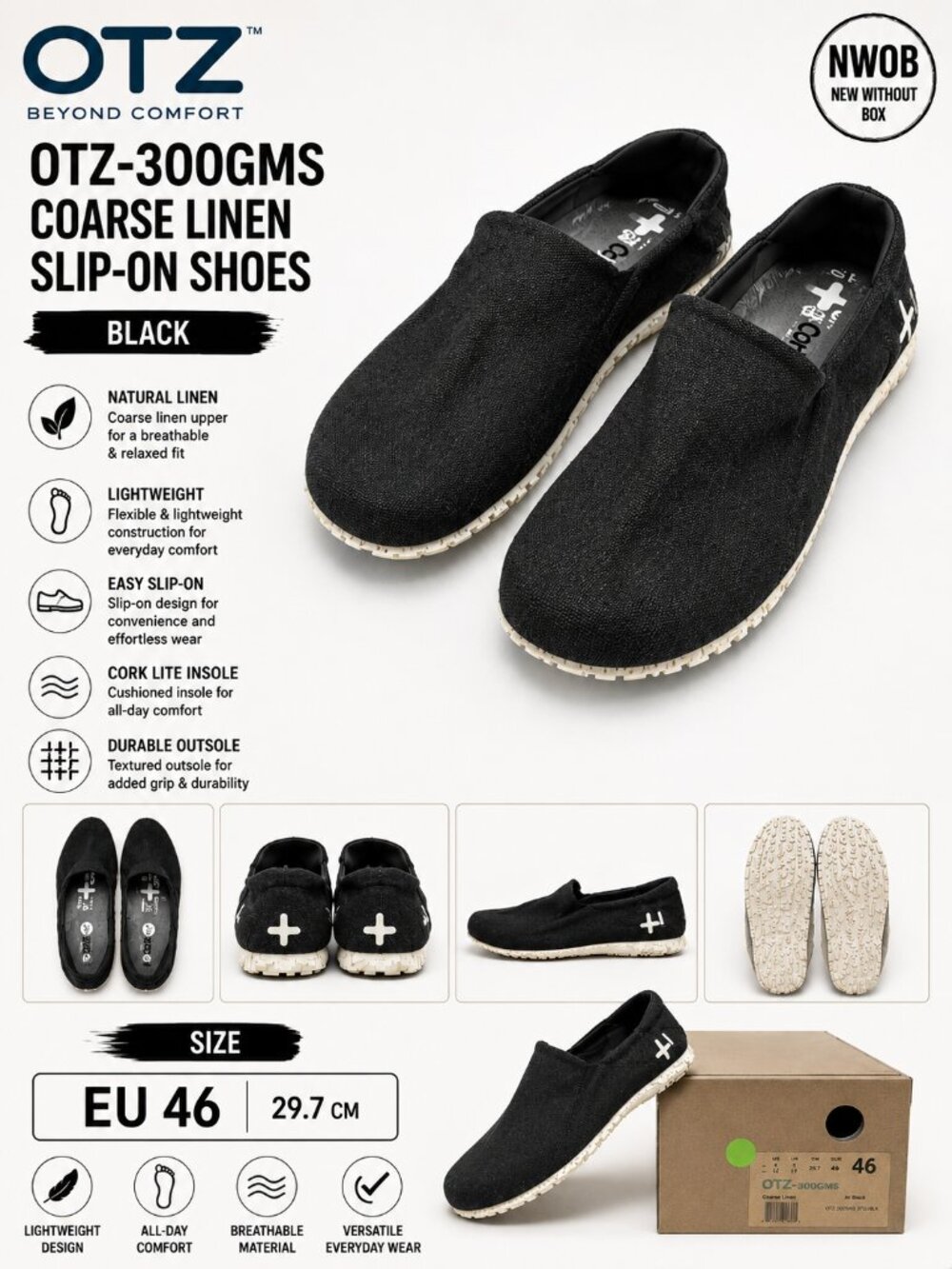 NWT OTZ Shoes OTZ-300GMS Coarse Linen Slip-On Black Size 13 Men 16 Women